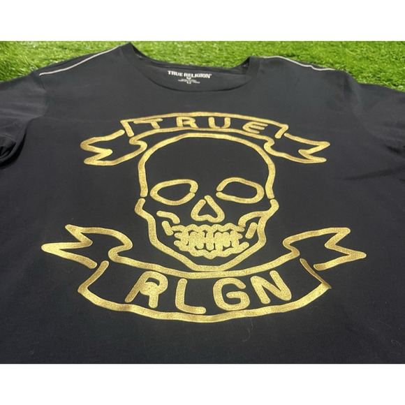 True Religion Skull Shirt Black With Gold Size Small Made in Peru Cotton - Picture 2 of 8